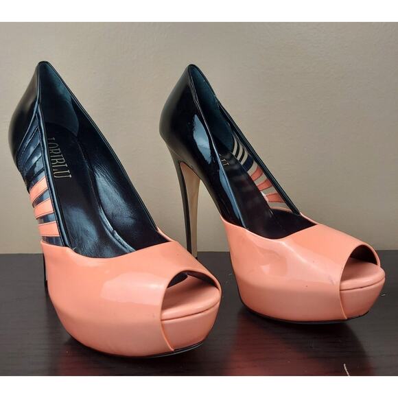 LORIBLU Made in Italy Sz 39 (US 8.5) Patent Leather Platform Pumps Salmon Black - Picture 3 of 12